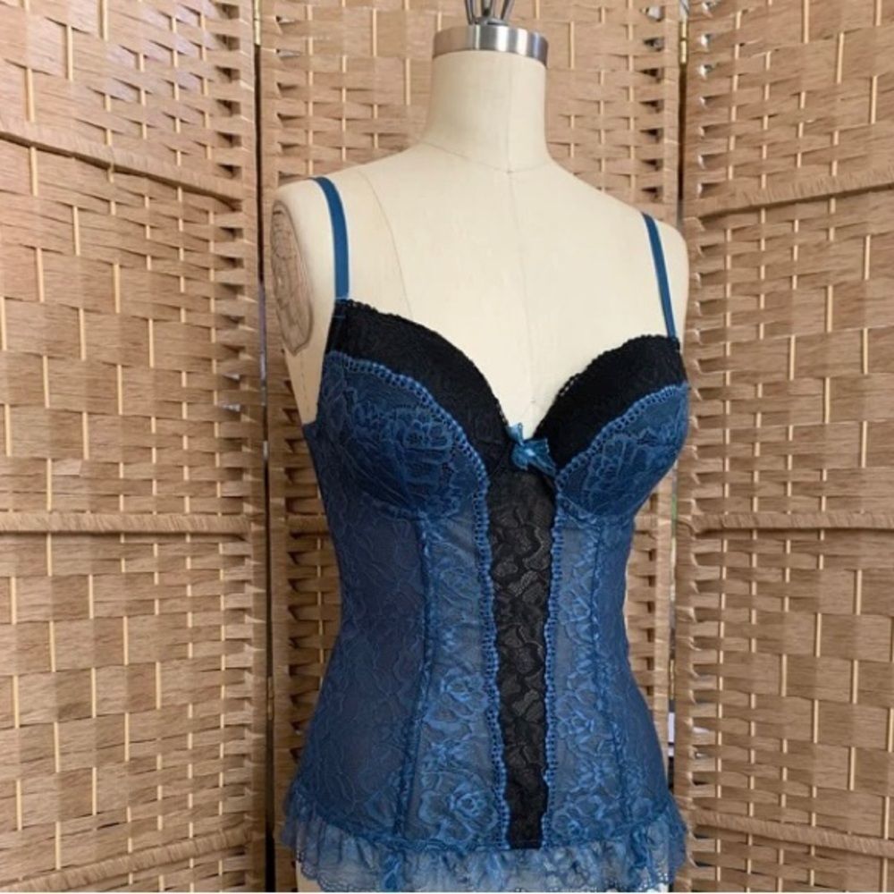 Fredrick’s of Hollywood Blue with Black Lace Y2K Romantique Bustier Corset